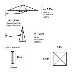 Guarda-Sol Ombrelone de Parede Quadrado com Braço Articulado de 1,85m