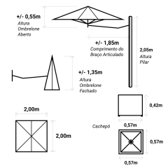 Ombrelone Lateral Quadrado com Braço Articulado de 1,85m de Alumínio e Base Cachepô